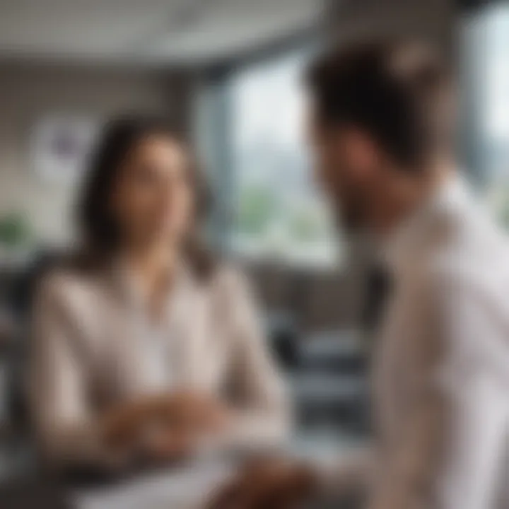 A close-up of a real estate agent discussing property investment opportunities with a client in a modern office setting.