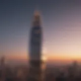 Stunning view of Al Attar Tower against a sunset backdrop