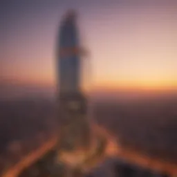 Stunning architectural view of Sulafa Tower against a sunset backdrop