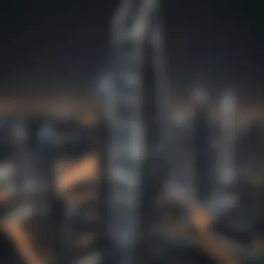 Nighttime view of Marquise Tower illuminated against Dubai's skyline