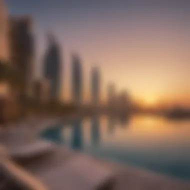 A Sunset Over Dubai's Hospitality Landscape Spectacular view of a hotel skyline at sunset