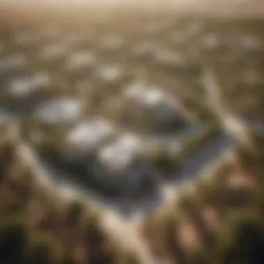 An aerial view of a sustainable housing community in the UAE surrounded by greenery.