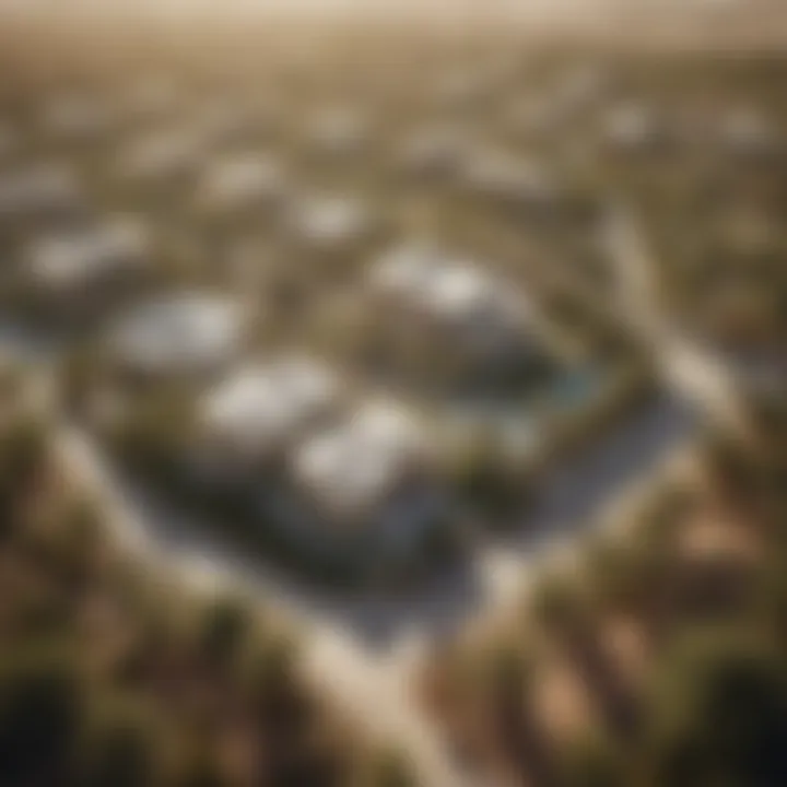 An aerial view of a sustainable housing community in the UAE surrounded by greenery.